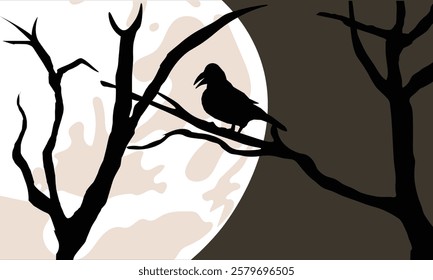 Full moon in night sky with crow dark forest landscape.