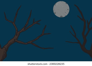 Full moon in night sky. Dark forest landscape with black silhouettes of trees. Vector cartoon illustration