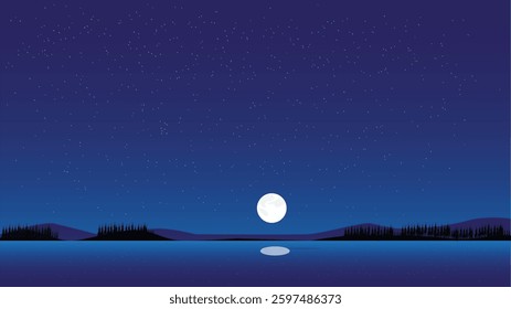 Full moon in night sky lake view with stars illustration 