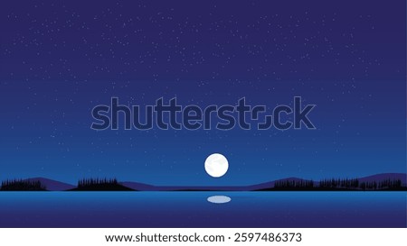 Full moon in night sky lake view with stars illustration 