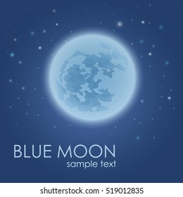 Full moon in the night sky. Little stars around on a blue background. Stock vector illustration.