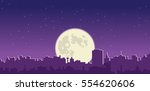 Full moon  in night sky over city silhouette
vector cityscape illustration 