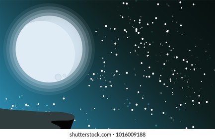 The full moon Night sky with stars near the hill. Vector illustration background.