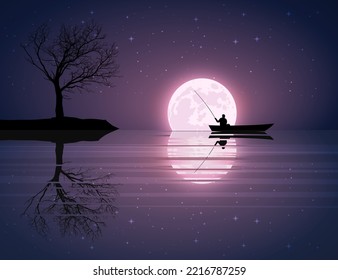 Full moon night in the sky and stars on the background of a calm lake, lagoon and tree, boat, vector illustration. Night landscape Moonlight background with fisherman on a boat. 