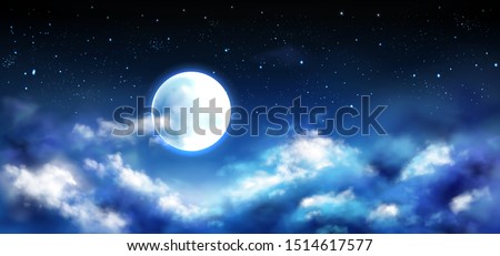 Full moon in night sky with stars and clouds. Starry heaven with moonlight romantic fantasy landscape, natural cloudscape scene background, midnight time, space view. Realistic 3d vector illustration