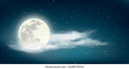 A full moon in the night sky, surrounded by stars and a translucent cloud that seems to float in front of it.