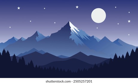 
Luna llena en el cielo nocturno en las montañas de invierno Ilustración vectorial plana