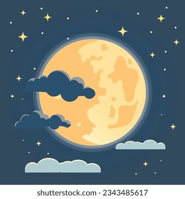 full moon night, with stars and clouds, vector, flat design 