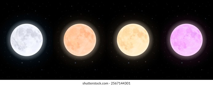 Full Moon at Night: Vibrant White, Orange, Yellow, and Purple Spheres in a Glowing Night Sky