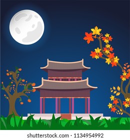Full moon night view background with Sojiji Temple (Nishiarai Daishi), persimmon tree and autumn branch for Chuseok festival celebration.