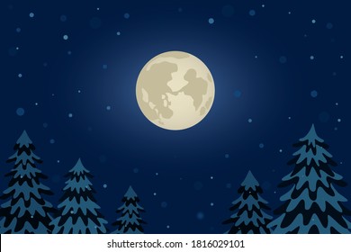Vollmond im nächtlichen Winterwald. Cartoon. Vektorgrafik.