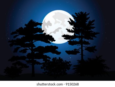 Full moon in a night wood. vector illustration