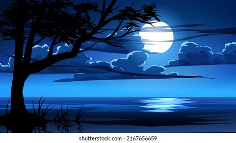 Full moon in ocean with cloudy sky and tree silhouette 