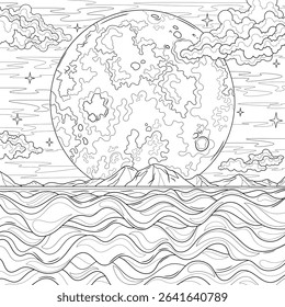 Full moon and ocean. Landscape.Coloring book antistress for children and adults. Illustration isolated on white background.Zen-tangle style. Hand draw