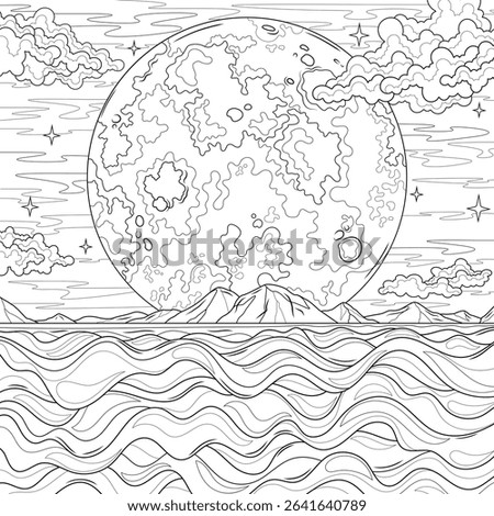 Full moon and ocean. Landscape.Coloring book antistress for children and adults. Illustration isolated on white background.Zen-tangle style. Hand draw