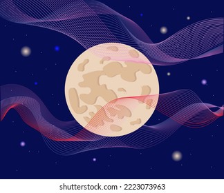 Full moon on the background of the starry sky with abstract waves