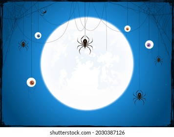 Full Moon on blue sky background. Banner with scary eyes and black spiders on cobwebs. Illustration can be used for holiday cards, backdrops, children's design, invitations and banners.