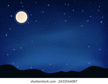 Full moon on clear, starry night with bright, twinkling stars against a rich dark blue sky background, vector illustration