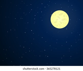 Full Moon On Dark Blue Sky With Stars. Vector