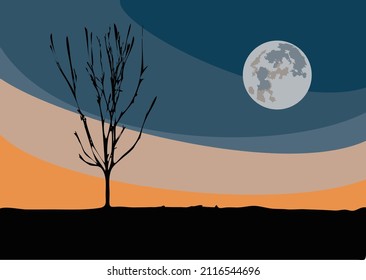 A full moon on a daybreak landscape with the moon. Wonderful spring scenery of the countryside. A mountain ridge in the distance.