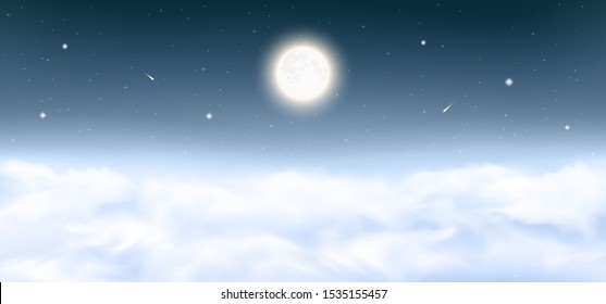 Full Moon on the night sky background with shining stars, comets, shooting stars, realistic fluffy clouds. Starry night sky panorama above clouds. Peaceful scene dark background. Vector Illustration.