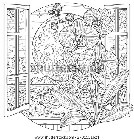 Full moon and orchid.View from the window.
Coloring book antistress for children and adults. Illustration isolated on white background.Zen-tangle style. Hand draw