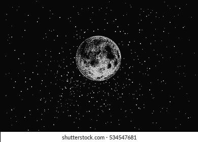 Full moon in outer space on stars backgraund.Dotwork.Vector illustration