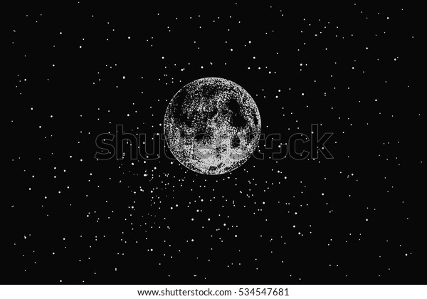 Full moon in outer space on stars\
backgraund.Dotwork.Vector\
illustration