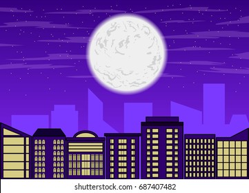 full moon over city. flat design. vector illustration