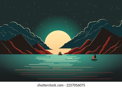 Full moon over lake and mountain range landscape