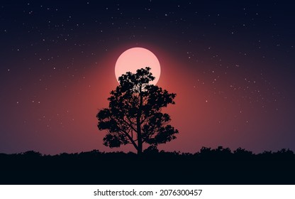Full moon over lone tree in silhouette