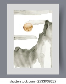 Full moon over lonely rock, with rare clouds floating across sky, on watercolor artwork. Peak of high mountain under full moon creates magical atmosphere and desire to travel world. Wall art, decor