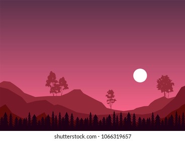 full moon over mountain radge and forest vector nature landscape, purple night sky and tree silhouettes illustration.