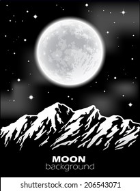 Full Moon over mountains. Night landscape. Vector illustration.