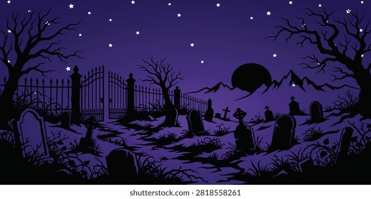 Full moon over mysterious dark graveyard silhouette landscape with graveyard