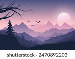 Full moon over the mysterious landscape of mountains and forests. Halloween vector landscape with beautiful and scary mountains, full moon and starry sky. Night landscape for design.