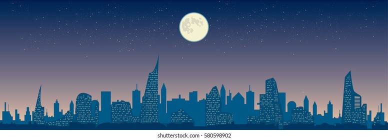 Full moon over night city silhouette
vector illustration