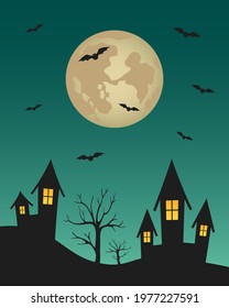 Full moon over night town. Cartoon. Vector illustration.