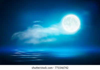 The Full Moon Over The Ocean With Clouds Sky By Night