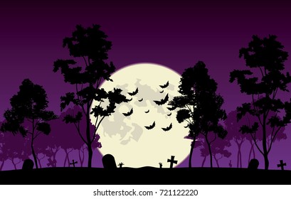 Full moon over the old graveyard and forest vector illustration
Halloween theme, bats, tree silhouettes, zombies