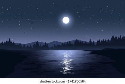 full moon over the river with starry sky