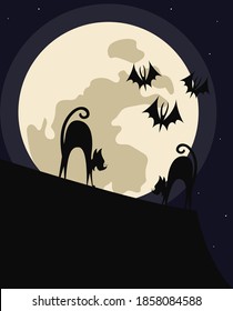 Full moon over the roofs. Silhouettes of evil skinny cats on the roof. Silhouettes of bats in the sky. Illustration for Halloween gift card. Scene in the dark.