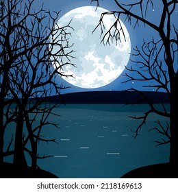 Luna llena sobre el agua en el bosque. Ilustración del vector