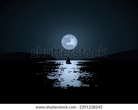Full moon over water. Vector night landscape illustration 