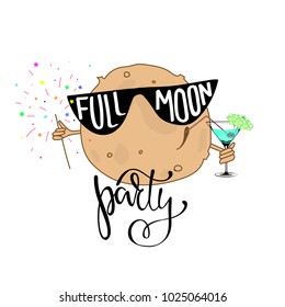 Full moon party background, vector illustration. Summer sun poster with a funny moon in sunglasses, cocktail and lettering text