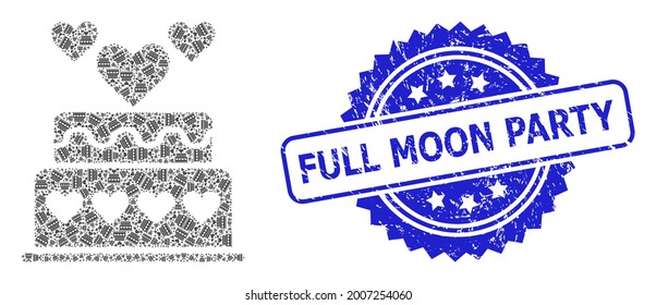 Full Moon Party corroded stamp seal and vector fractal mosaic marriage cake. Blue stamp seal includes Full Moon Party tag inside rosette.