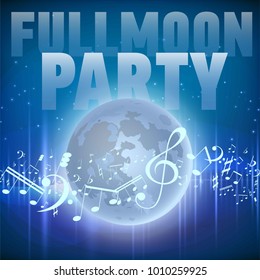 Full moon party design flyer. Disco party night. Vector dance poster template. Moon light illustration