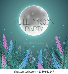 Full moon party poster with magic leaves and fireflies