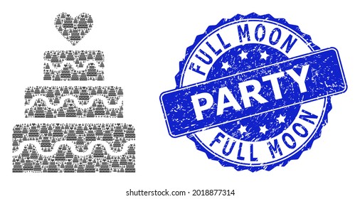 Partido de la Luna Llena texturizado de sellado redondo y pastel de matrimonio de mosaico de recursión vectorial. El sello azul incluye el texto del Partido Luna Llena dentro de forma redonda. El mosaico vectorial está diseñado con artículos de pastelería casera recursiva.