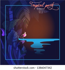 Full moon Party - vector poster in vintage style with big moon and dark palms silhouettes and the stylized handwritten inscription 